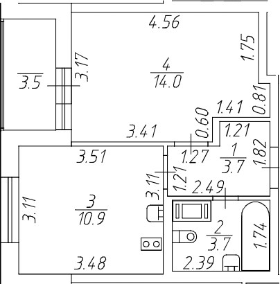 Планировка однокомнатная 34.05 м² в ЖК «Аквилон All in 3.0», корпус 1