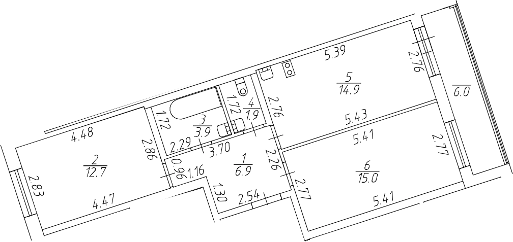 Планировка евротрёшка (3Е) 57.4 м² в ЖК «Аквилон All in 3.0», корпус 1