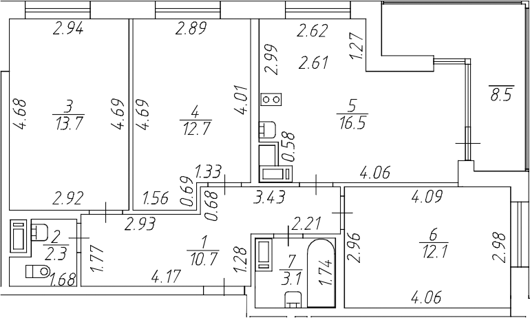 Планировка евро-4 (4Е) 75.35 м² в ЖК «Аквилон All in 3.0», корпус 1