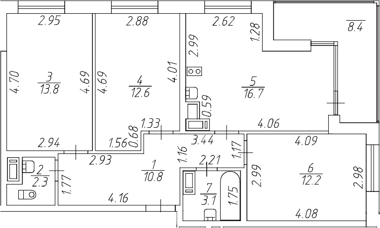 Планировка евро-4 (4Е) 75.7 м² в ЖК «Аквилон All in 3.0», корпус 1