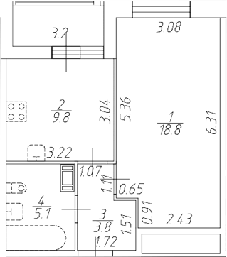 Планировка однокомнатная 39.1 м² в ЖК «Аквилон Ливз», корпус 1.2