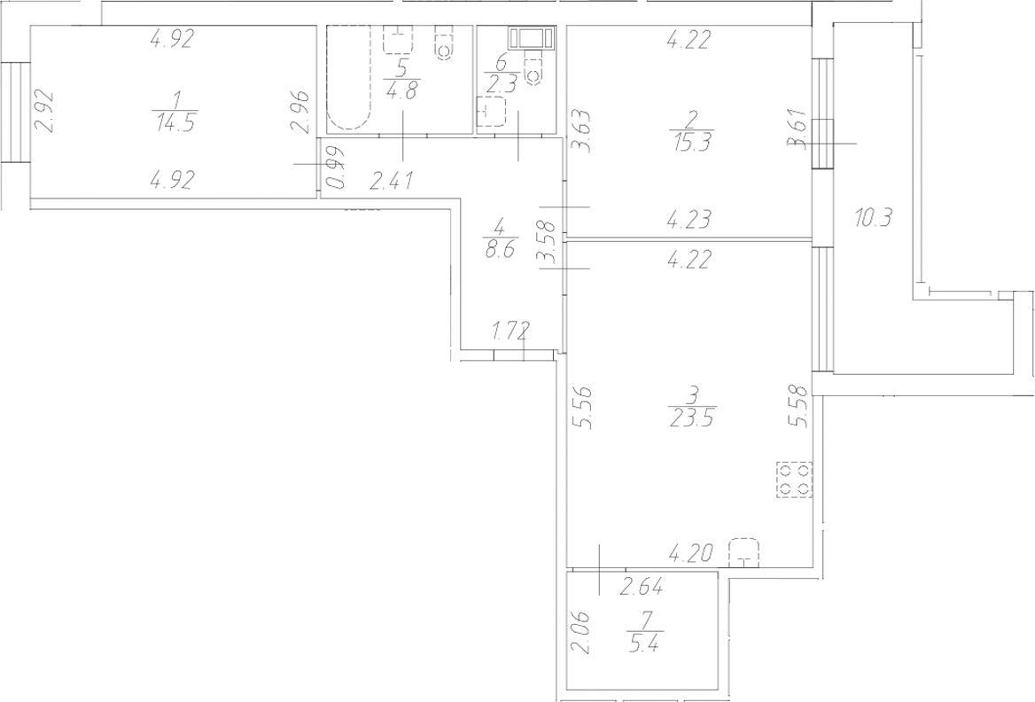 Планировка евротрёшка (3Е) 79.55 м² в ЖК «Аквилон Ливз», корпус 1.2