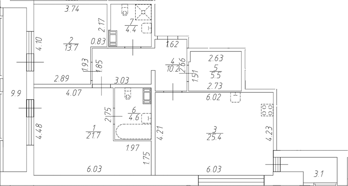 Планировка евротрёшка (3Е) 93.6 м² в ЖК «Аквилон Ливз», корпус 1.2