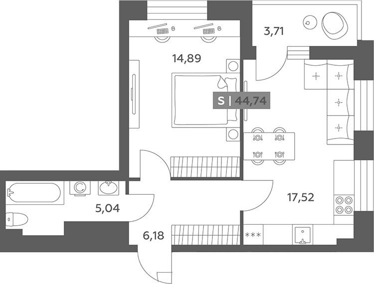 Планировка однокомнатная 44.74 м² в ЖК «Аквилон РекаПарк», корпус 1
