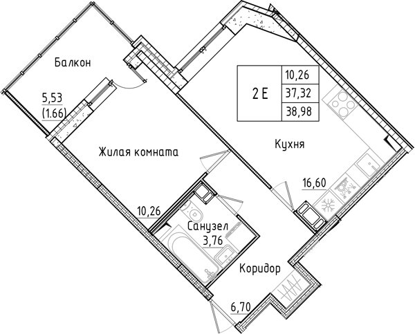 Планировка евродвушка (2Е) 38.98 м² в ЖК «Аквилон РекаПарк», корпус 1