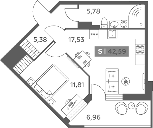 Планировка евродвушка (2Е) 42.59 м² в ЖК «Аквилон РекаПарк», корпус 1