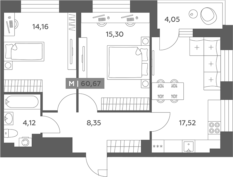 Планировка двухкомнатная 60.67 м² в ЖК «Аквилон РекаПарк», корпус 1