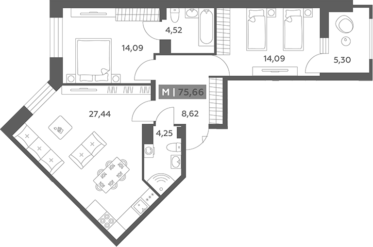 Планировка евротрёшка (3Е) 75.66 м² в ЖК «Аквилон РекаПарк», корпус 1