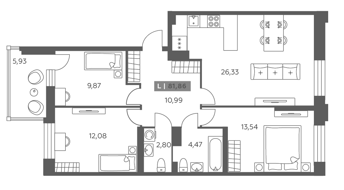 Планировка евро-4 (4Е) 81.86 м² в ЖК «Аквилон РекаПарк», корпус 1