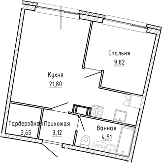 Планировка евродвушка (2Е) 41.9 м² в ЖК «Аквилон Рива», корпус 1