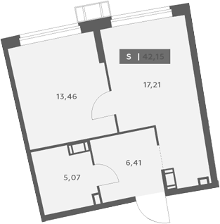 Планировка евродвушка (2Е) 42.15 м² в ЖК «Аквилон Рива», корпус 2