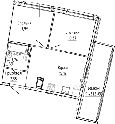 Планировка евротрёшка (3Е) 44.42 м² в ЖК «Аквилон Рива», корпус 1
