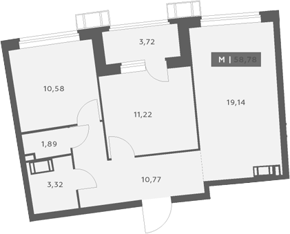 Планировка евротрёшка (3Е) 58.78 м² в ЖК «Аквилон Рива», корпус 2