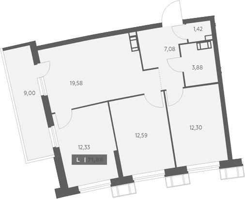 Планировка евро-4 (4Е) 71.88 м² в ЖК «Аквилон Рива», корпус 2