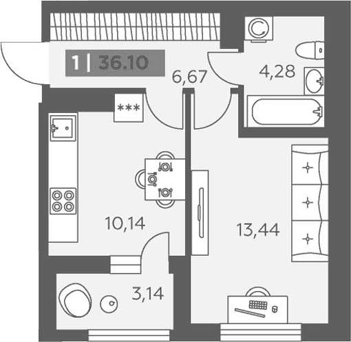 Планировка однокомнатная 36.1 м² в ЖК «Аквилон Солар», корпус 1