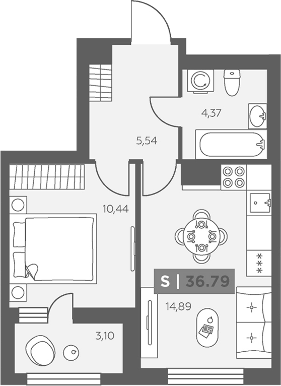 Планировка однокомнатная 36.79 м² в ЖК «Аквилон Солар», корпус 1