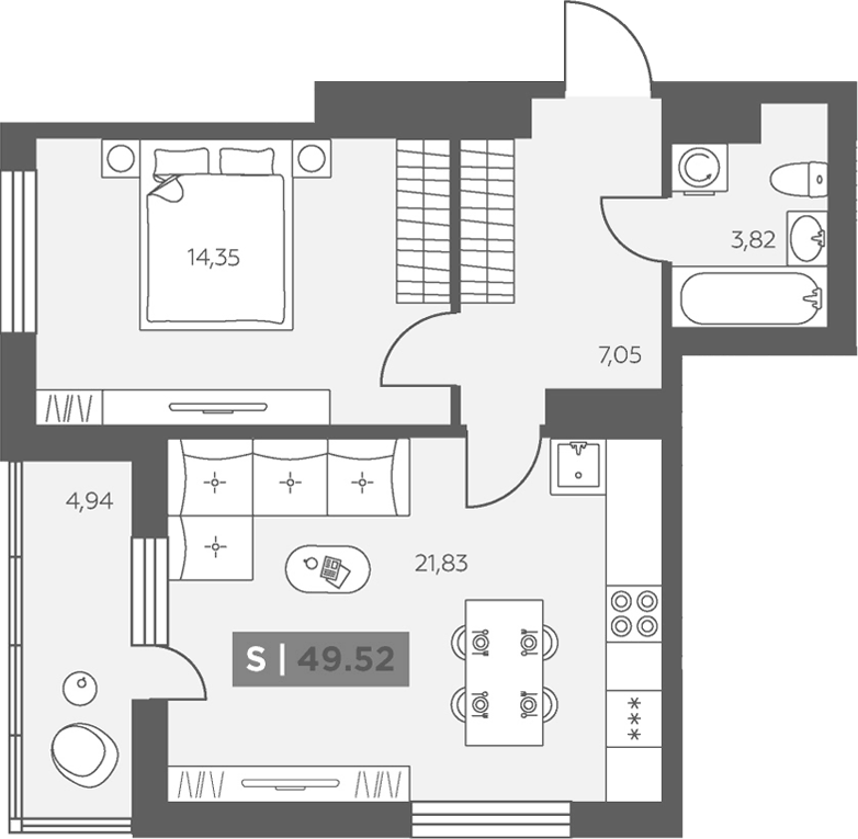 Планировка евродвушка (2Е) 49.52 м² в ЖК «Аквилон Солар», корпус 1