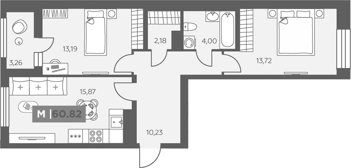 Планировка двухкомнатная 60.82 м² в ЖК «Аквилон Солар», корпус 1