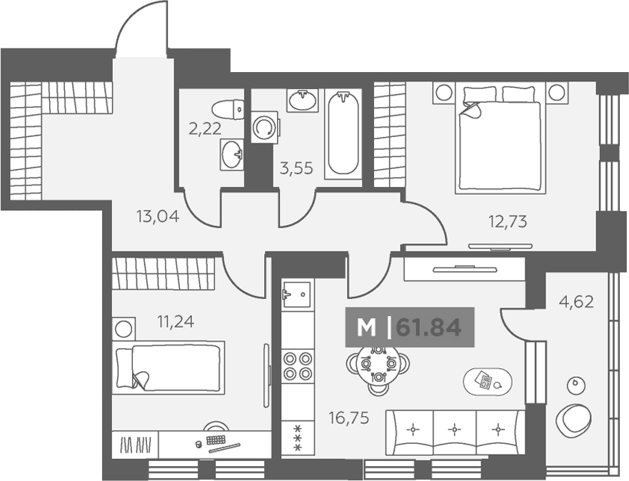 Планировка евротрёшка (3Е) 61.84 м² в ЖК «Аквилон Солар», корпус 1
