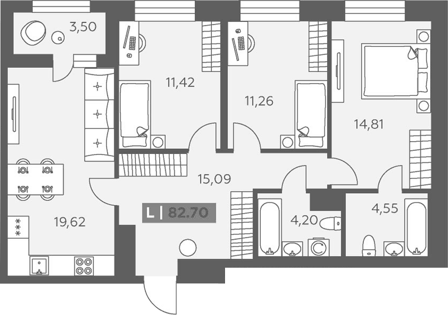 Планировка евро-4 (4Е) 82.7 м² в ЖК «Аквилон Солар», корпус 1