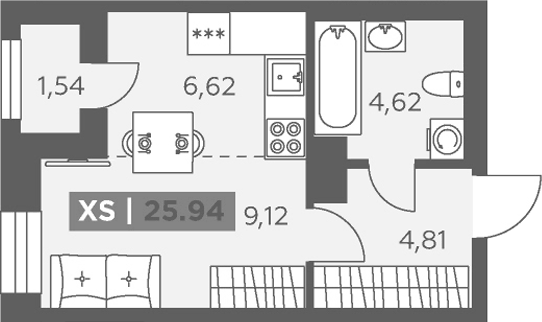 Планировка Студии 25.94 м² в ЖК «Аквилон Солар», корпус 1