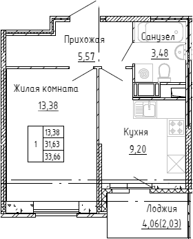 Планировка однокомнатная 33.4 м² в ЖК «Аквилон Stories», корпус 1