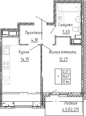 Планировка евродвушка (2Е) 37.3 м² в ЖК «Аквилон Stories», корпус 1
