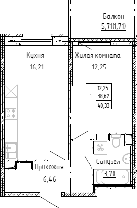 Планировка евродвушка (2Е) 39.9 м² в ЖК «Аквилон Stories», корпус 1