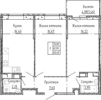 Планировка двухкомнатная 63.1 м² в ЖК «Аквилон Stories», корпус 1