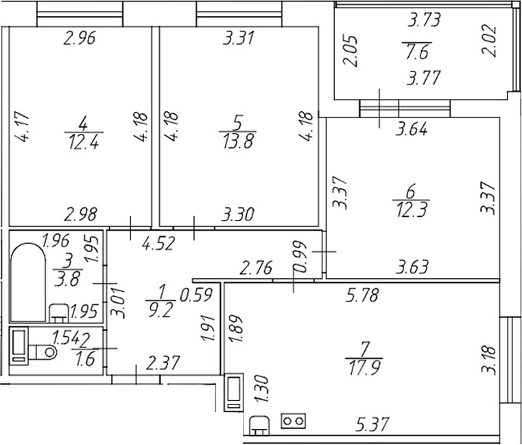 Планировка евро-4 (4Е) 74.8 м² в ЖК «Аквилон Stories», корпус 1
