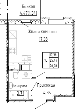 Планировка Студии 26.4 м² в ЖК «Аквилон Stories», корпус 1