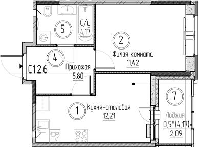 Планировка однокомнатная 35.69 м² в ЖК «Аквилон Верба», корпус 1