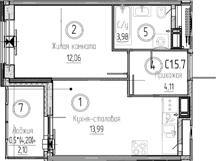 Планировка однокомнатная 36.24 м² в ЖК «Аквилон Верба», корпус 1