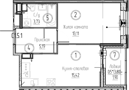 Планировка евродвушка (2Е) 39.35 м² в ЖК «Аквилон Верба», корпус 1