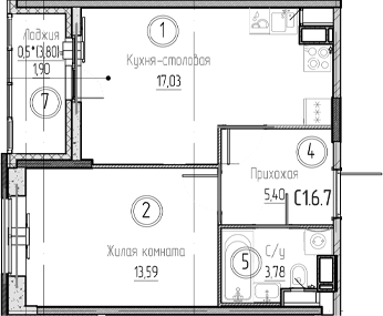 Планировка евродвушка (2Е) 41.7 м² в ЖК «Аквилон Верба», корпус 1