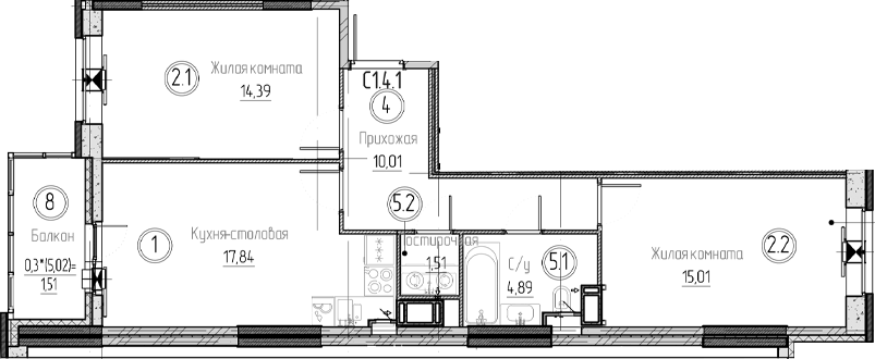 Планировка евротрёшка (3Е) 65.16 м² в ЖК «Аквилон Верба», корпус 1