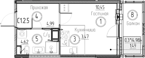 Планировка Студии 25.02 м² в ЖК «Аквилон Верба», корпус 1