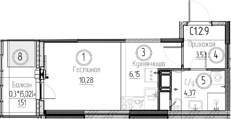 Планировка Студии 25.84 м² в ЖК «Аквилон Верба», корпус 1