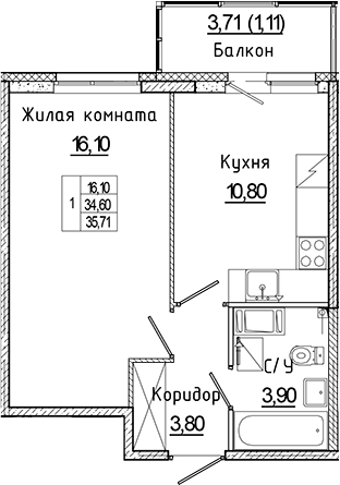 Планировка однокомнатная 35.71 м² в ЖК «Аквилон Янино», корпус В