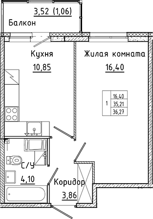 Планировка однокомнатная 36.27 м² в ЖК «Аквилон Янино», корпус В
