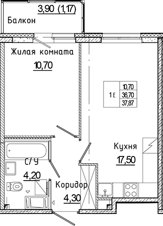 Планировка евродвушка (2Е) 37.87 м² в ЖК «Аквилон Янино», корпус Г