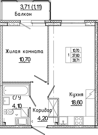 Планировка евродвушка (2Е) 38.71 м² в ЖК «Аквилон Янино», корпус В