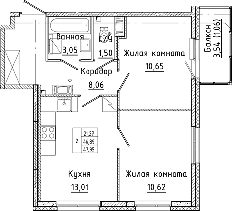 Планировка двухкомнатная 47.95 м² в ЖК «Аквилон Янино», корпус В