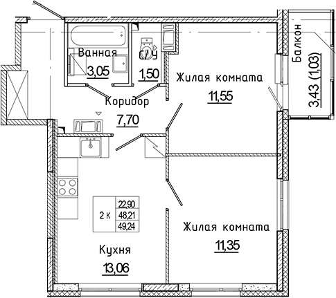 Планировка двухкомнатная 49.24 м² в ЖК «Аквилон Янино», корпус Г