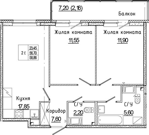 Планировка евротрёшка (3Е) 58.86 м² в ЖК «Аквилон Янино», корпус Г
