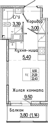 Планировка Студии 22.43 м² в ЖК «Аквилон Янино», корпус Г