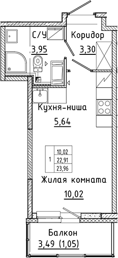 Планировка Студии 23.96 м² в ЖК «Аквилон Янино», корпус В