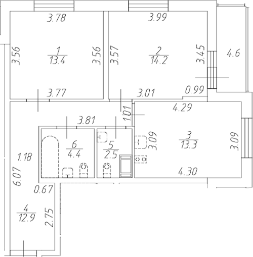 Планировка двухкомнатная 63 м² в ЖК «Аквилон ZALIVE», корпус 16