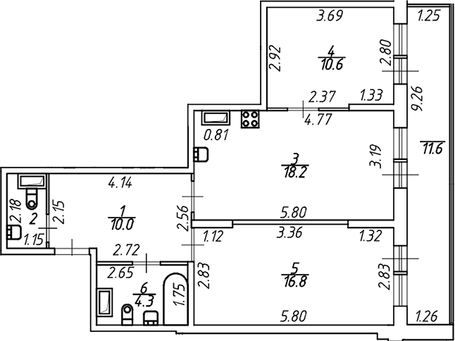 Планировка евротрёшка (3Е) 67.8 м² в ЖК «Аквилон ZALIVE», корпус 13