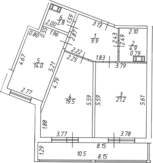 Планировка евротрёшка (3Е) 77.55 м² в ЖК «Аквилон ZALIVE», корпус 12